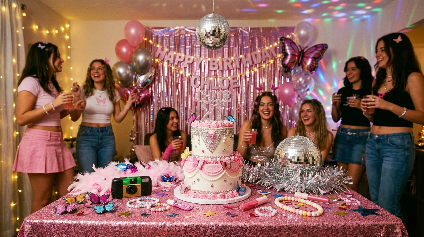 Iconic 2000s birthday party ideas with bedazzled decor and Y2K vibes.
