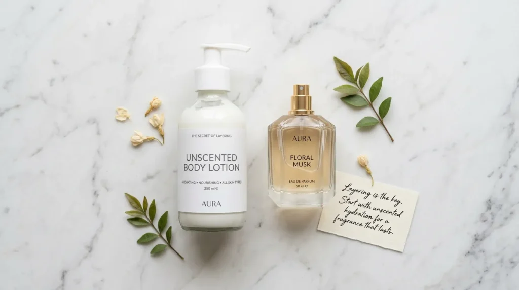 Unscented lotion and perfume for fragrance layering.