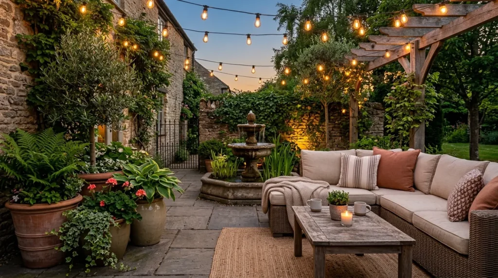 A cozy outdoor living patio setup with large planters, a small garden fountain, and comfortable seating with string lights.