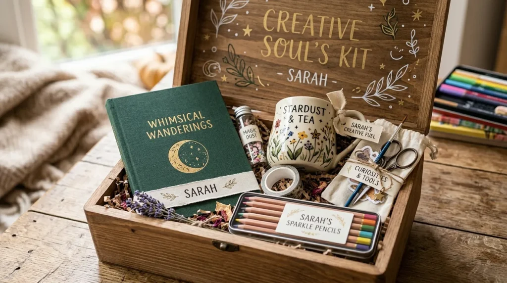 A personalized gift box with a bedazzled journal and aesthetic stationery.