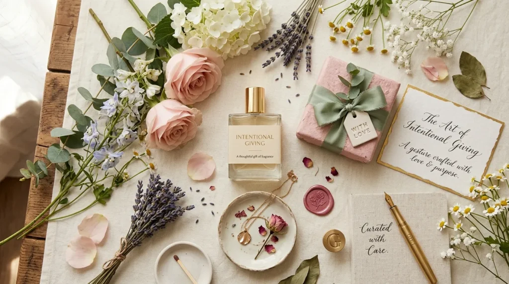 A beautiful arrangement of fresh spring flowers next to a luxury fragrance bottle.