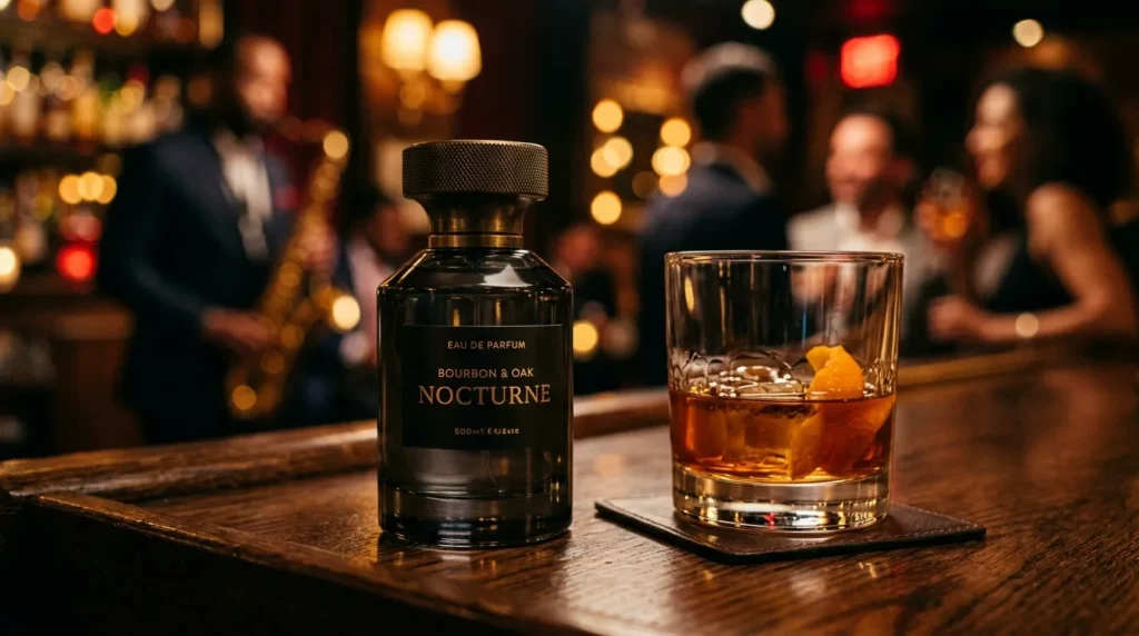 Dark luxury perfume bottle next to a glass of bourbon in a moody, sophisticated environment.