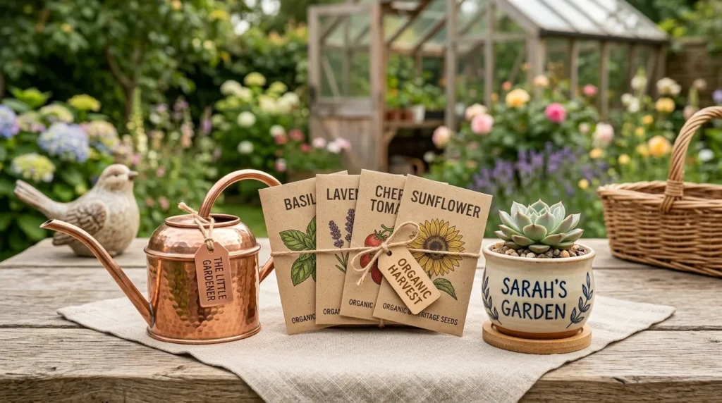 A curated garden gift set featuring a small copper watering can, organic seed packets, and a tiny succulent in a personalized ceramic pot with the name engraved.