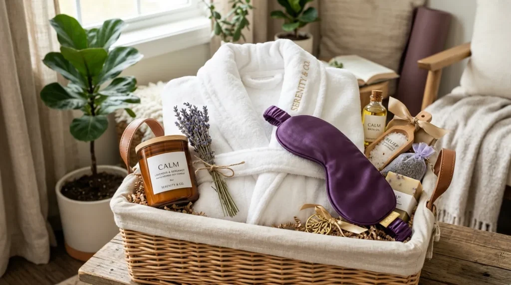 A luxury self-care gift basket including a plush white hotel-style robe, a burning lavender scented candle, and a soft silk eye mask. Iconic yoga mom vibes.