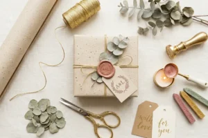 A beautiful flat lay photography shot of aesthetic gift-wrapping supplies including recycled paper, gold twine, dried eucalyptus leaves, and a personalized wax seal. Bright and whimsical boutique style.