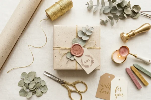 A beautiful flat lay photography shot of aesthetic gift-wrapping supplies including recycled paper, gold twine, dried eucalyptus leaves, and a personalized wax seal. Bright and whimsical boutique style.