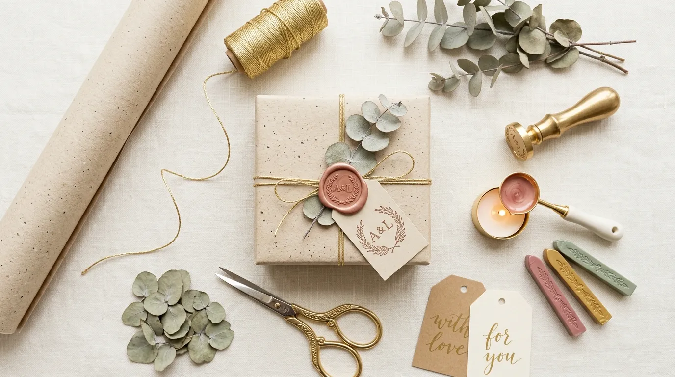 A beautiful flat lay photography shot of aesthetic gift-wrapping supplies including recycled paper, gold twine, dried eucalyptus leaves, and a personalized wax seal. Bright and whimsical boutique style.