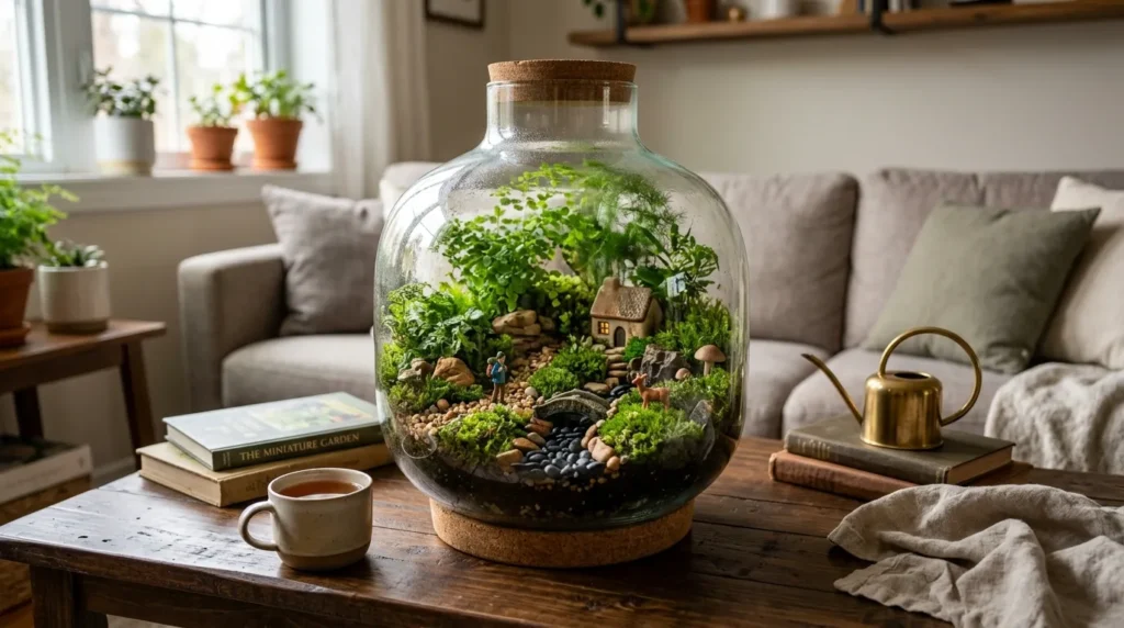 A beautiful large glass terrarium with tiny ferns and moss placed on a dark wood coffee table as a centerpiece.