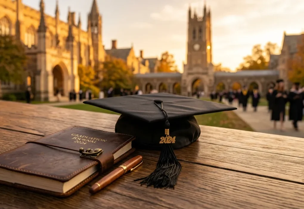 A graduation cap and a journal representing a new beginning