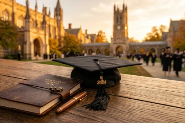 A graduation cap and a journal representing a new beginning