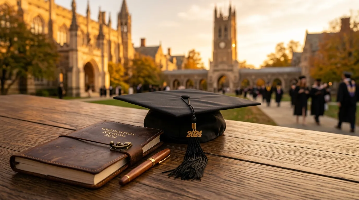 A graduation cap and a journal representing a new beginning