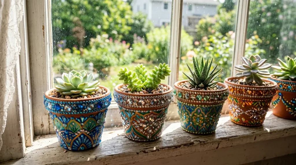 Close-up of hand-painted and bedazzled terracotta plant pots holding small succulents on a sunny windowsill.
