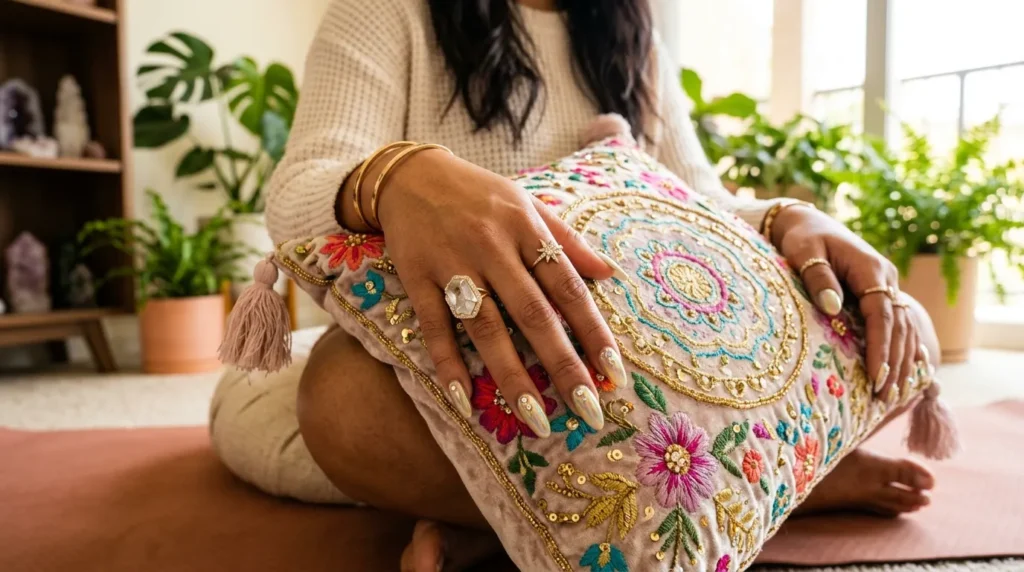 Hands with spring chrome nails holding a decorative pillow.