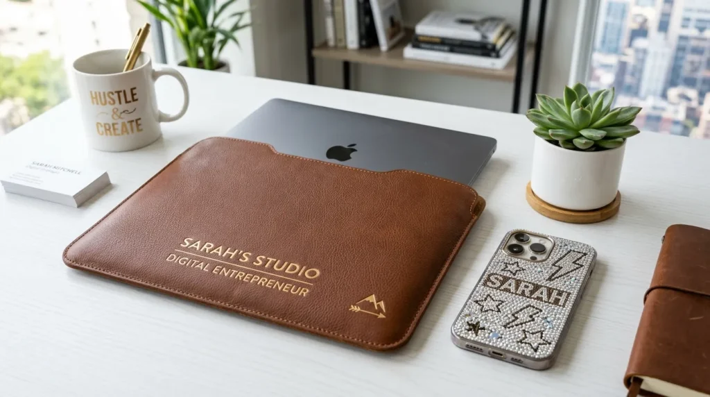 A personalized tan leather laptop sleeve and a sparkling bedazzled phone case sitting on a clean white desk next to a small potted plant.
