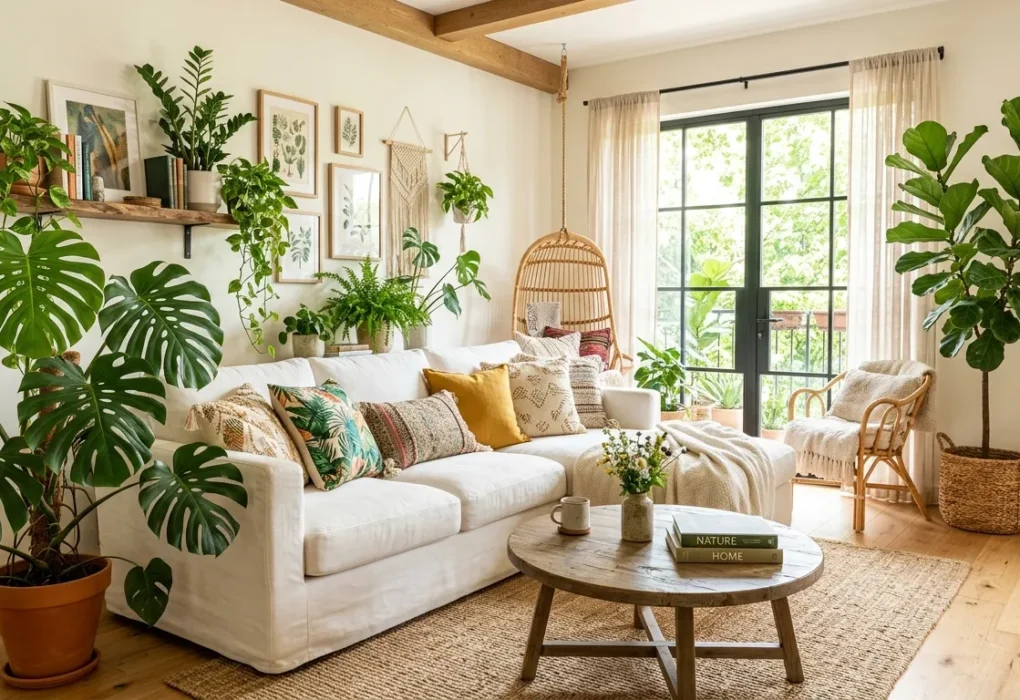 A sun-drenched living room featuring a whimsical jungle vibe with various indoor plants like Monstera and Fiddle Leaf Fig.