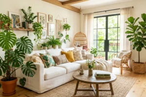 A sun-drenched living room featuring a whimsical jungle vibe with various indoor plants like Monstera and Fiddle Leaf Fig.