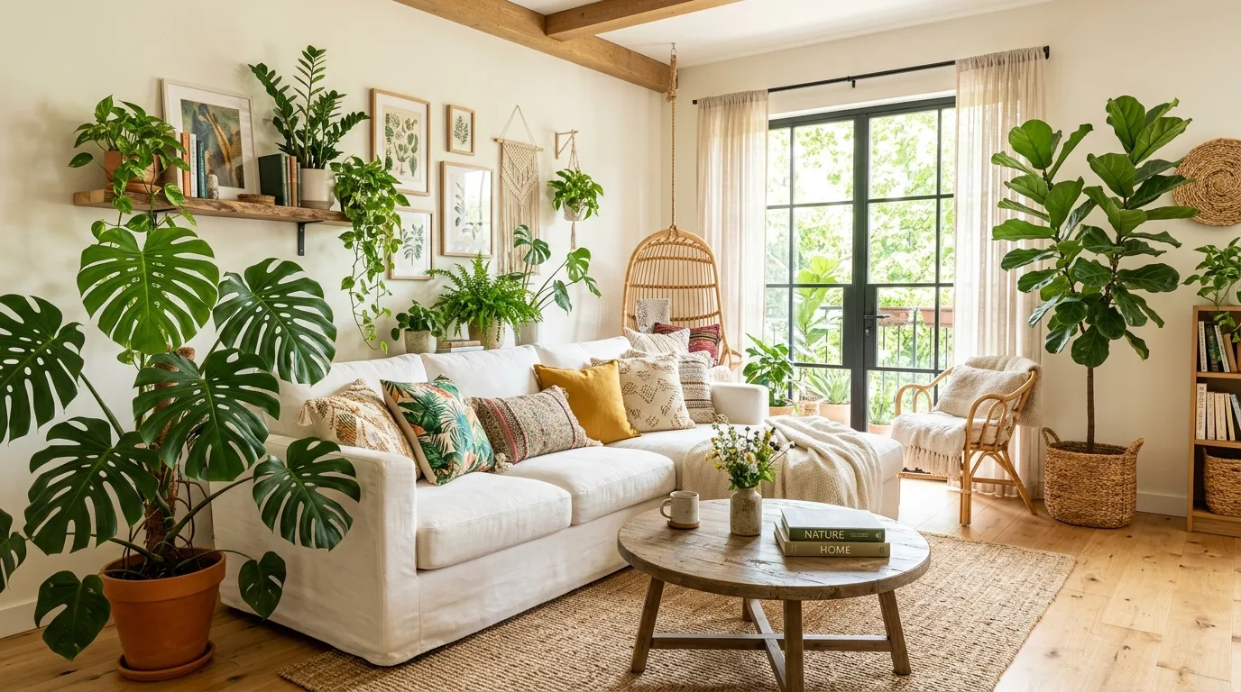 A sun-drenched living room featuring a whimsical jungle vibe with various indoor plants like Monstera and Fiddle Leaf Fig.