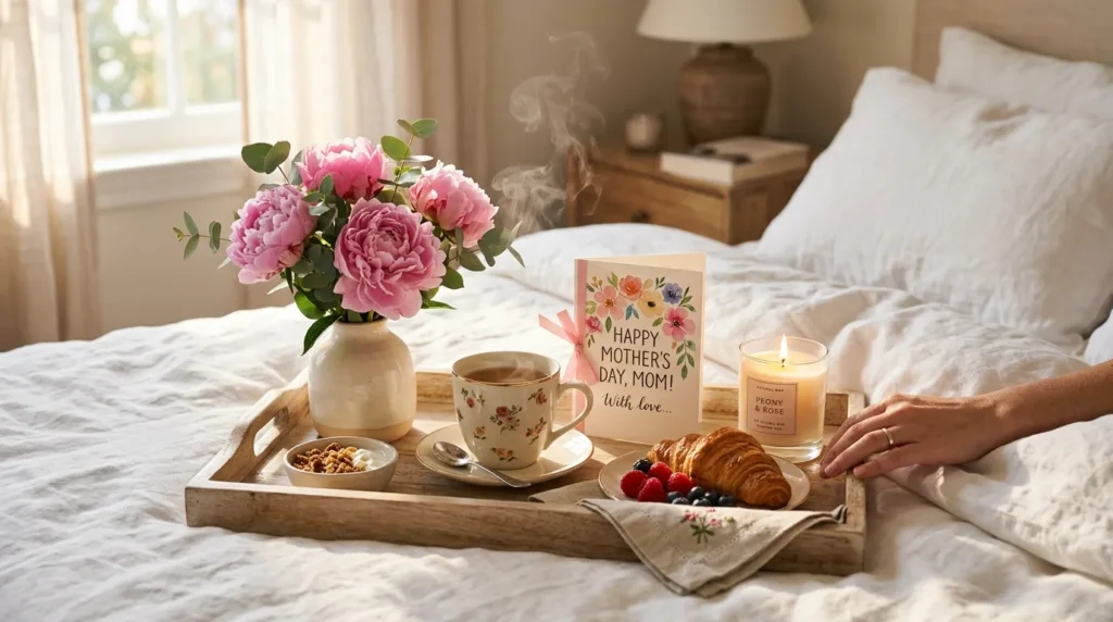 Aesthetic Mother’s Day breakfast in bed setup with flowers and tea.