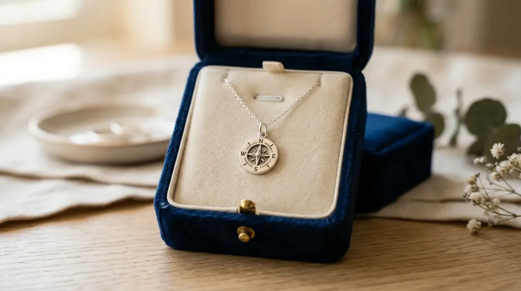 A silver compass necklace symbolizing direction in life.