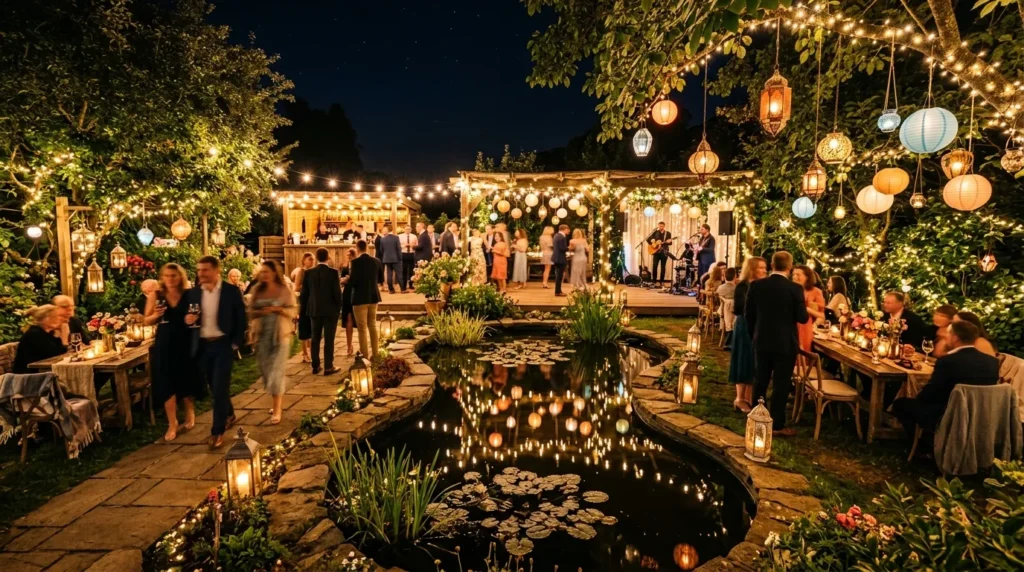 Outdoor birthday celebration with fountains and garden lighting.