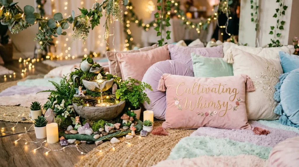 Whimsical party decorations with fairy lights and pastel pillows.