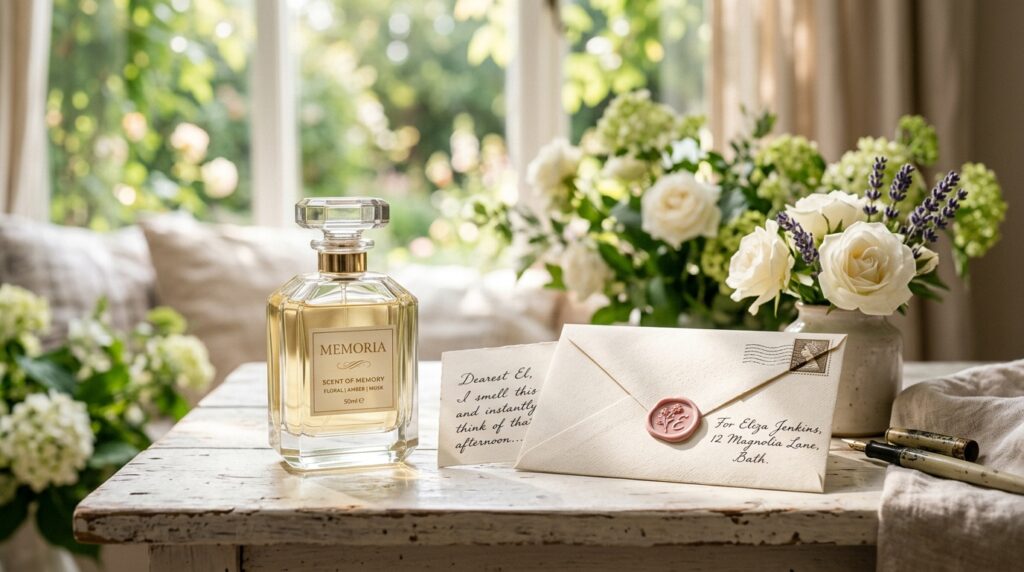 A luxury perfume bottle paired with a Mother’s Day wish card, illustrating scent-memory connection.