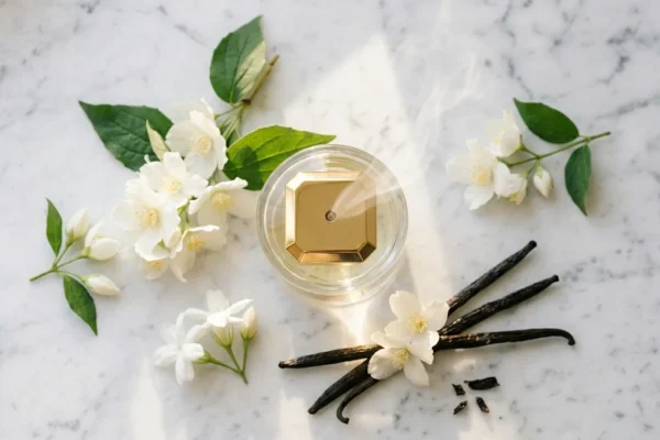 Luxurious perfume bottle with jasmine and vanilla mist, representing a signature scent aesthetic for 2026.