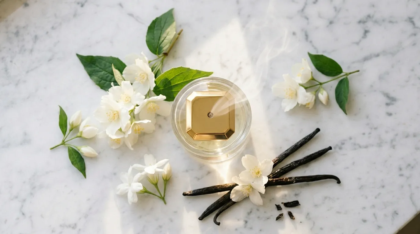 Luxurious perfume bottle with jasmine and vanilla mist, representing a signature scent aesthetic for 2026.