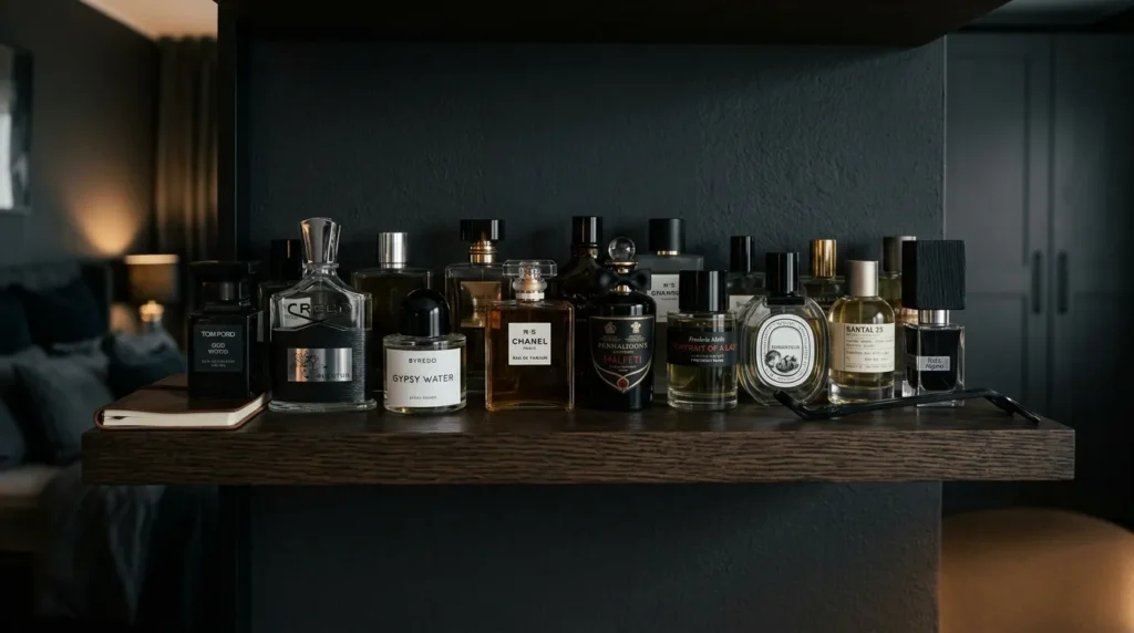 erfume bottles stored in a cool dark place.