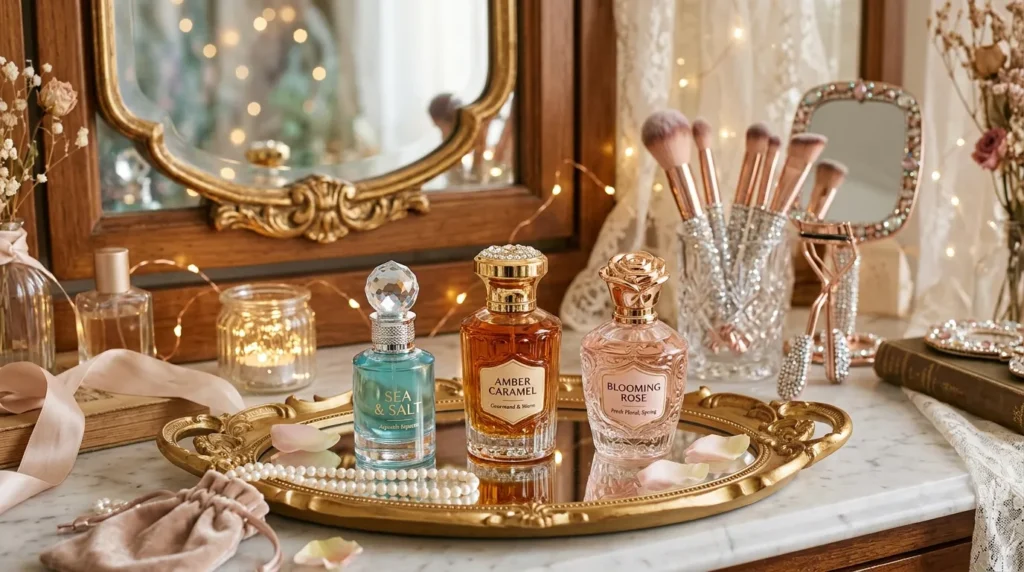 A whimsical vanity tray with three different perfumes, representing the trend of scent stacking.
