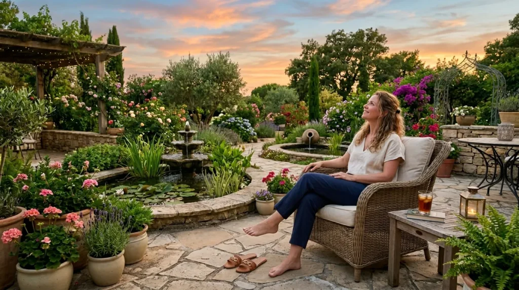 Outdoor living space with fountains and garden decor for peace.