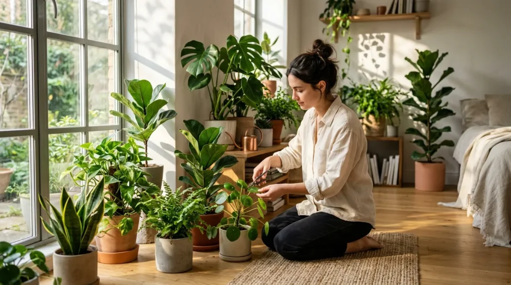 Tending to indoor plants as a mindfulness practice.