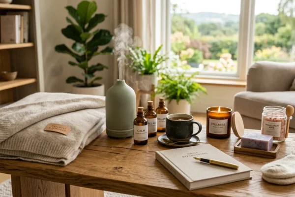 A stunning collection of luxury self-care gifts including silk eye masks, candles, and perfumes.