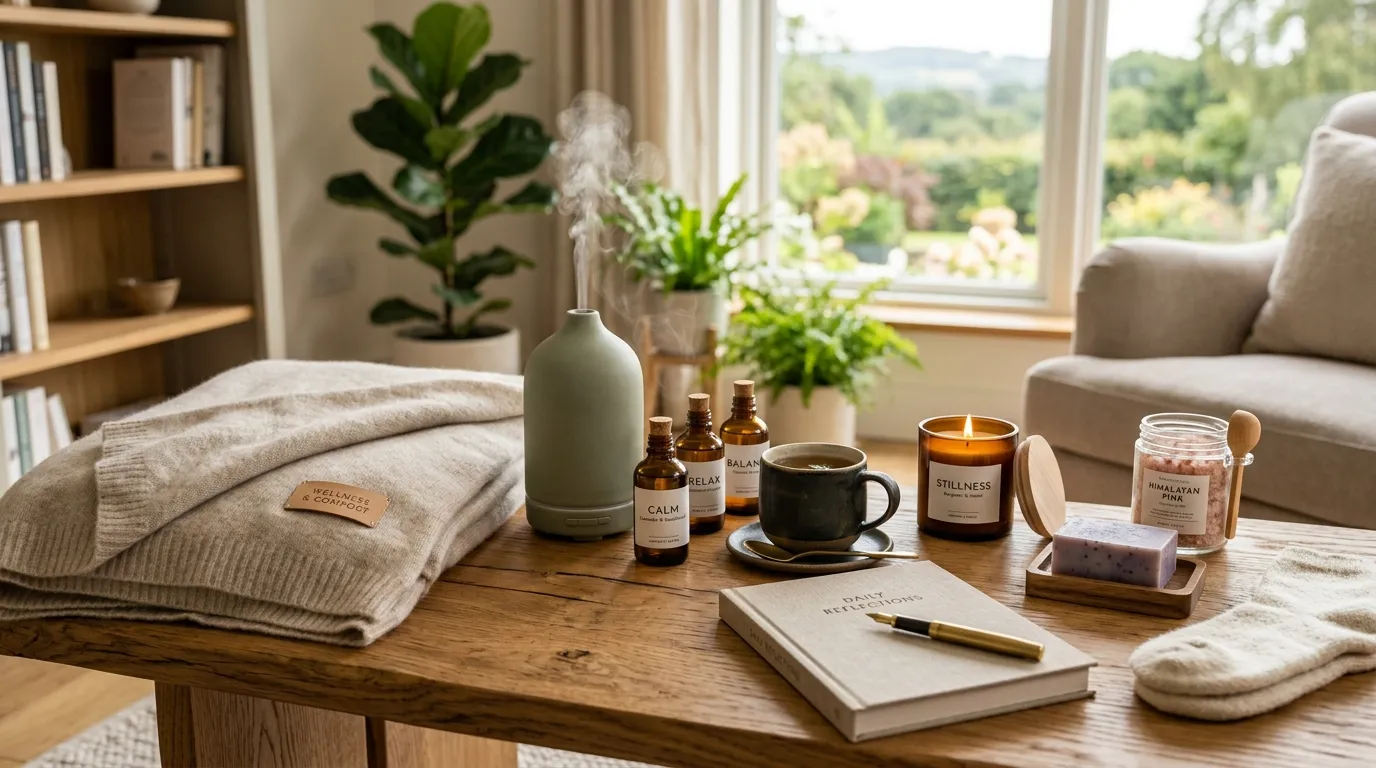 A stunning collection of luxury self-care gifts including silk eye masks, candles, and perfumes.
