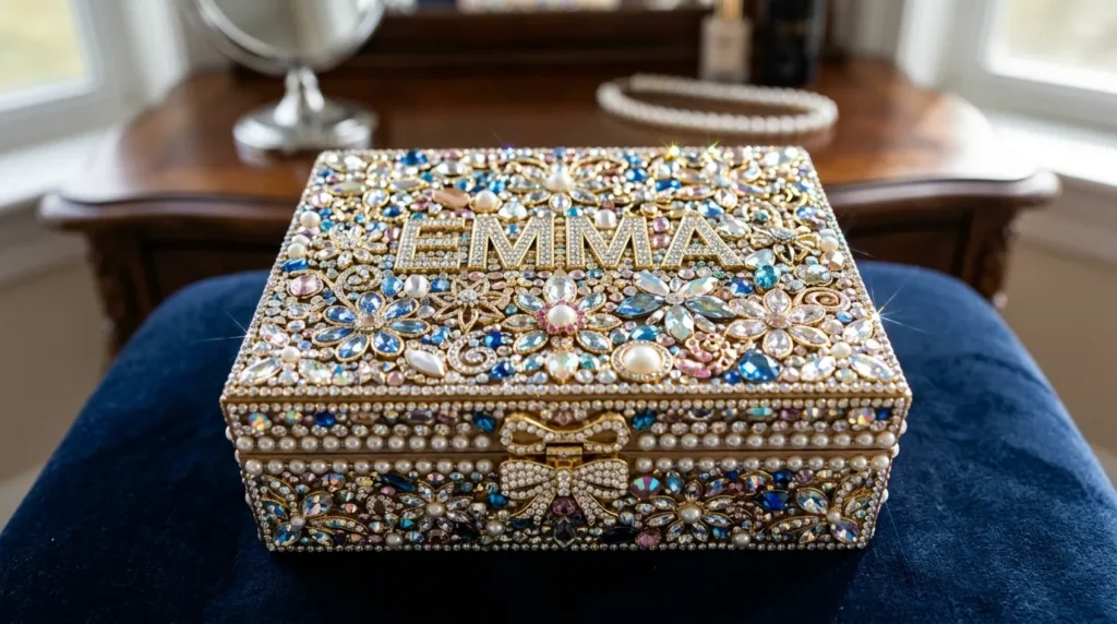 An extreme close-up of a custom jewelry box covered in sparkling, iridescent crystals and pearls. A stunning personalized gift idea.