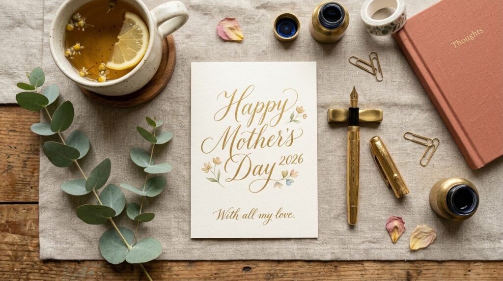 Whimsical stationery and gold pen used for writing an intentional Mother’s Day wish.