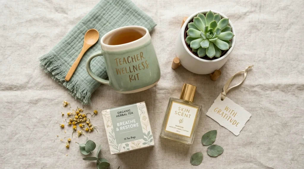 An intentional wellness gift set for teachers including tea, a succulent, and fragrance.