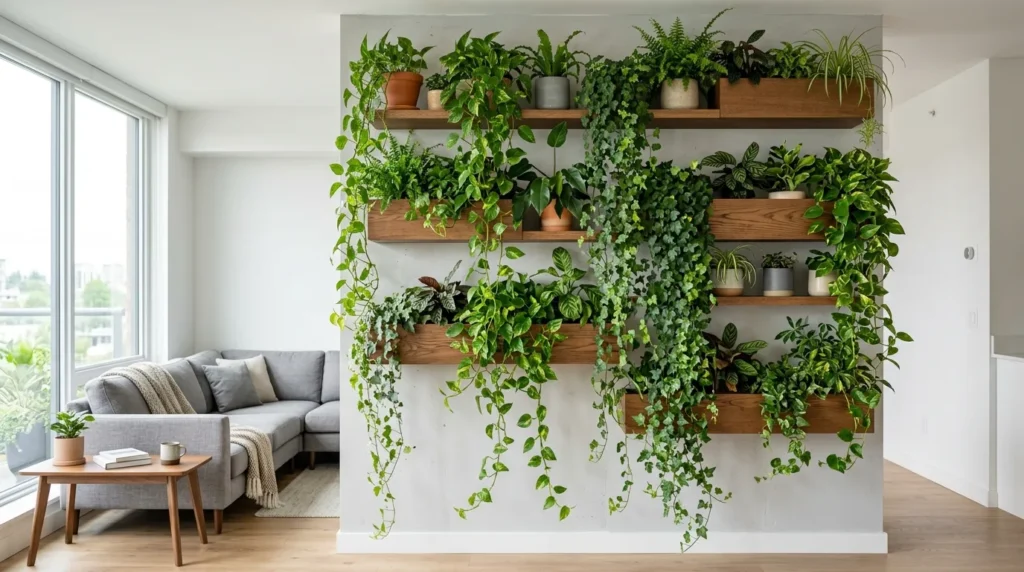 A stunning vertical wall garden in a modern apartment featuring trailing ivy and pothos on floating wooden shelves.