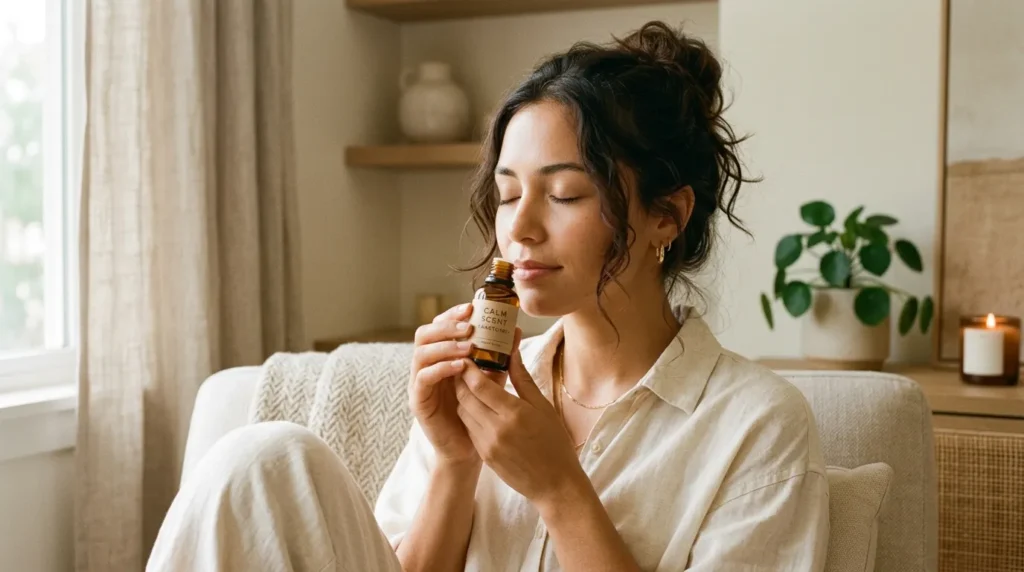 Woman with a peaceful expression holding a skin scent bottle, promoting mental wellness through fragrance.