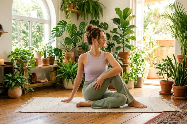 A woman practicing mindfulness with 2000s yoga mom vibes.