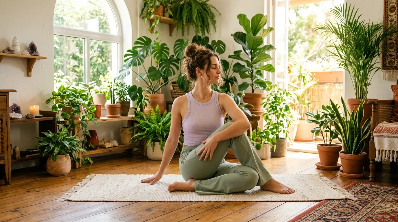 A woman practicing mindfulness with 2000s yoga mom vibes.