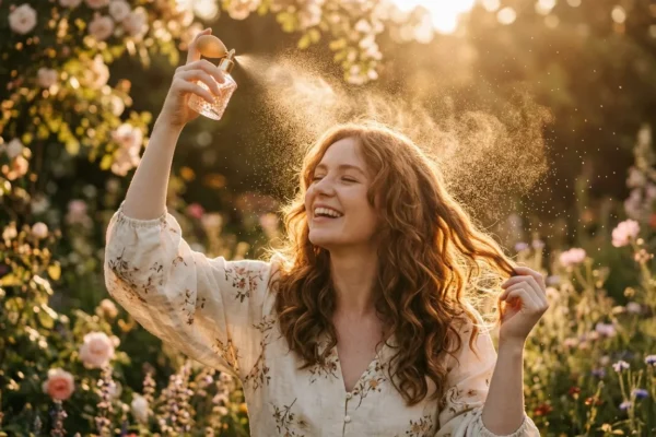 A woman spraying perfume mist on her hair.