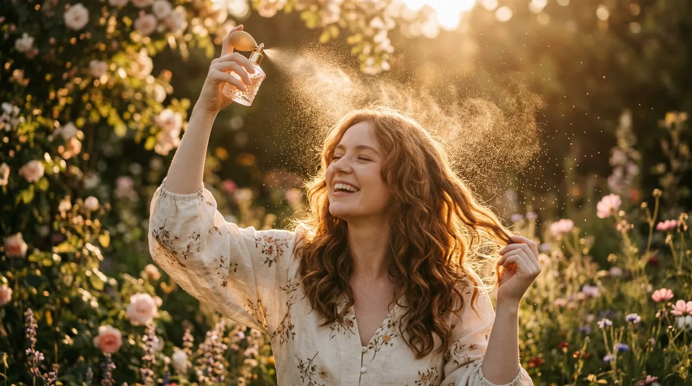 A woman spraying perfume mist on her hair.