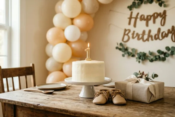 A simple and elegant 1st birthday cake with a gold candle and a beautifully wrapped gift box.