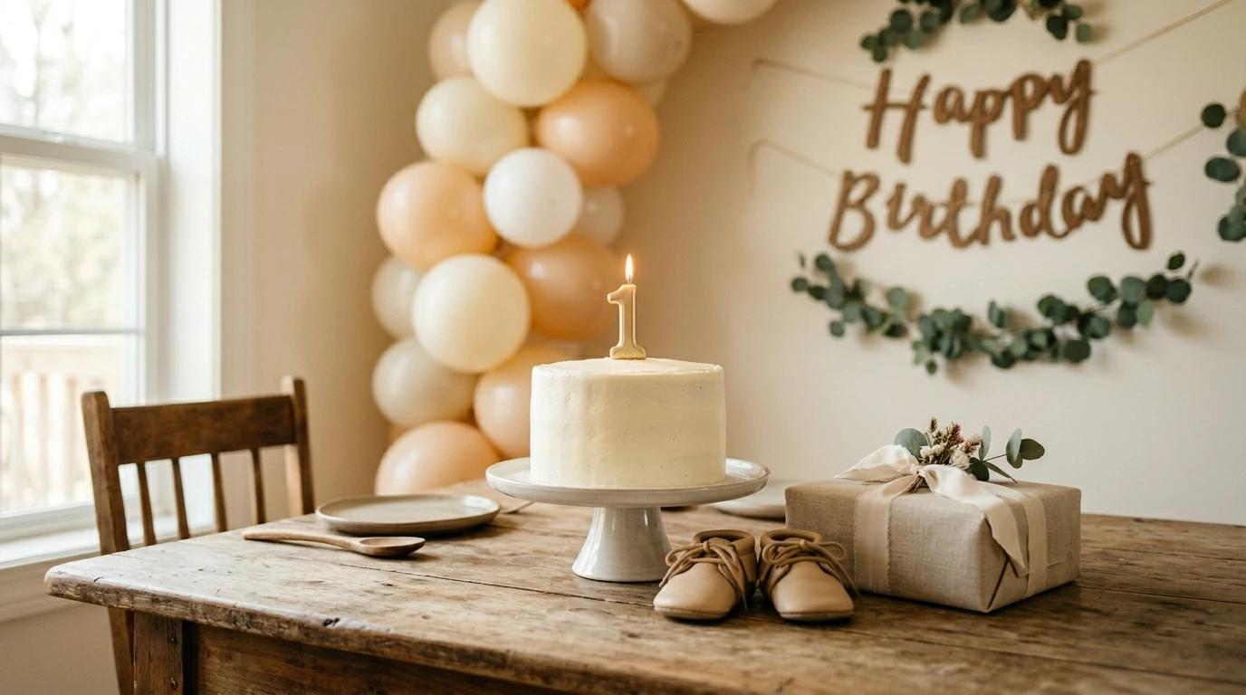 A simple and elegant 1st birthday cake with a gold candle and a beautifully wrapped gift box.