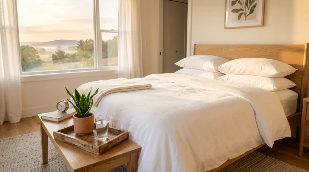 An analog alarm clock and a book on a bedside table, promoting a tech-free morning.