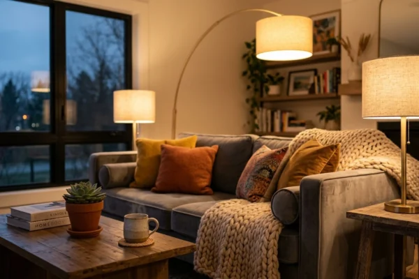 Cozy modern living room with warm lighting, soft blanket, and potted plant, representing a happy home.