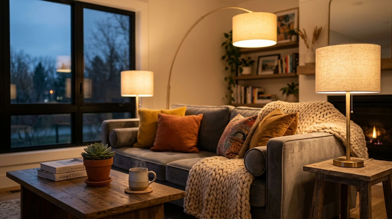 Cozy modern living room with warm lighting, soft blanket, and potted plant, representing a happy home.