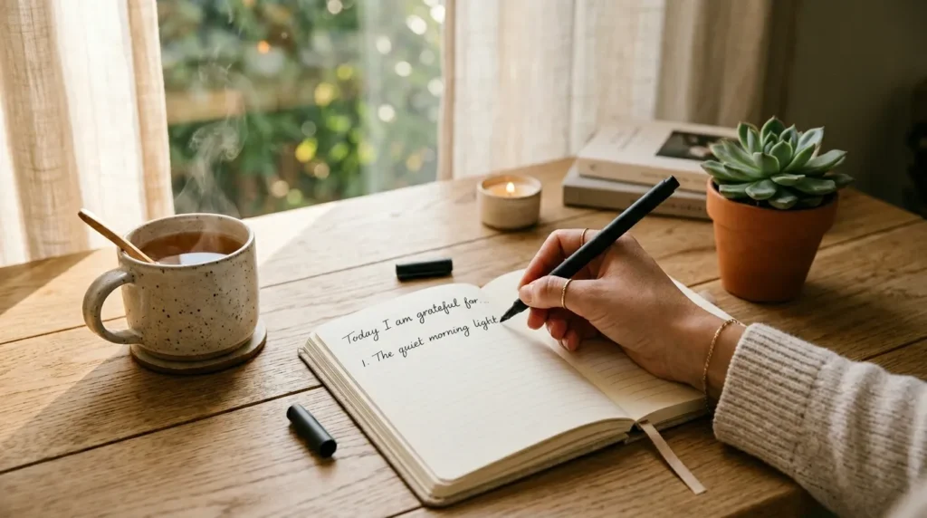A person journaling for gratitude as a simple way to feel better every day.