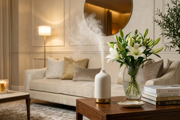 A luxury scent diffuser and fresh flowers in a beautifully lit modern living room.
